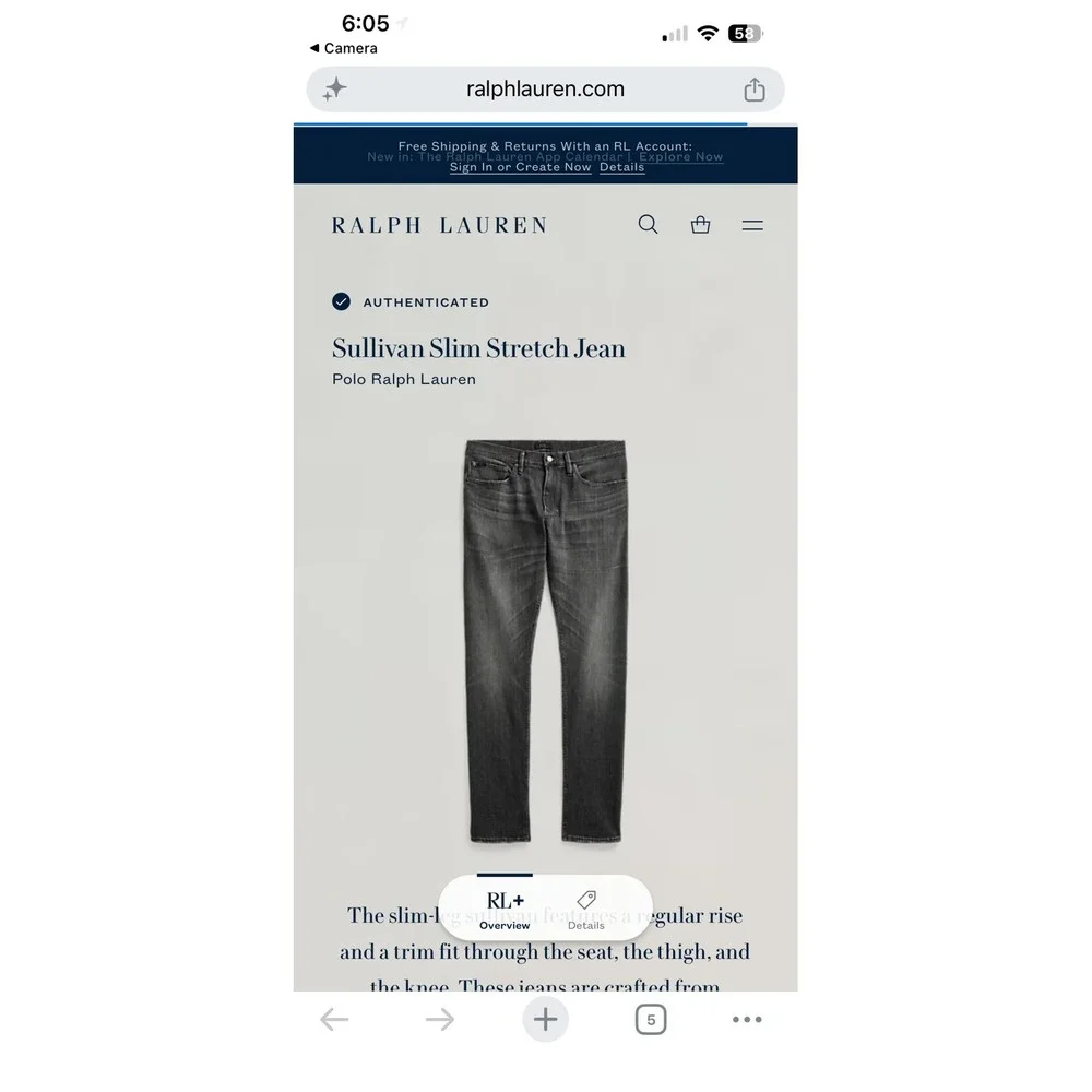 Polo Ralph Lauren Sullivan Slim Stretch Jeans 36x32 Black Performance Denim